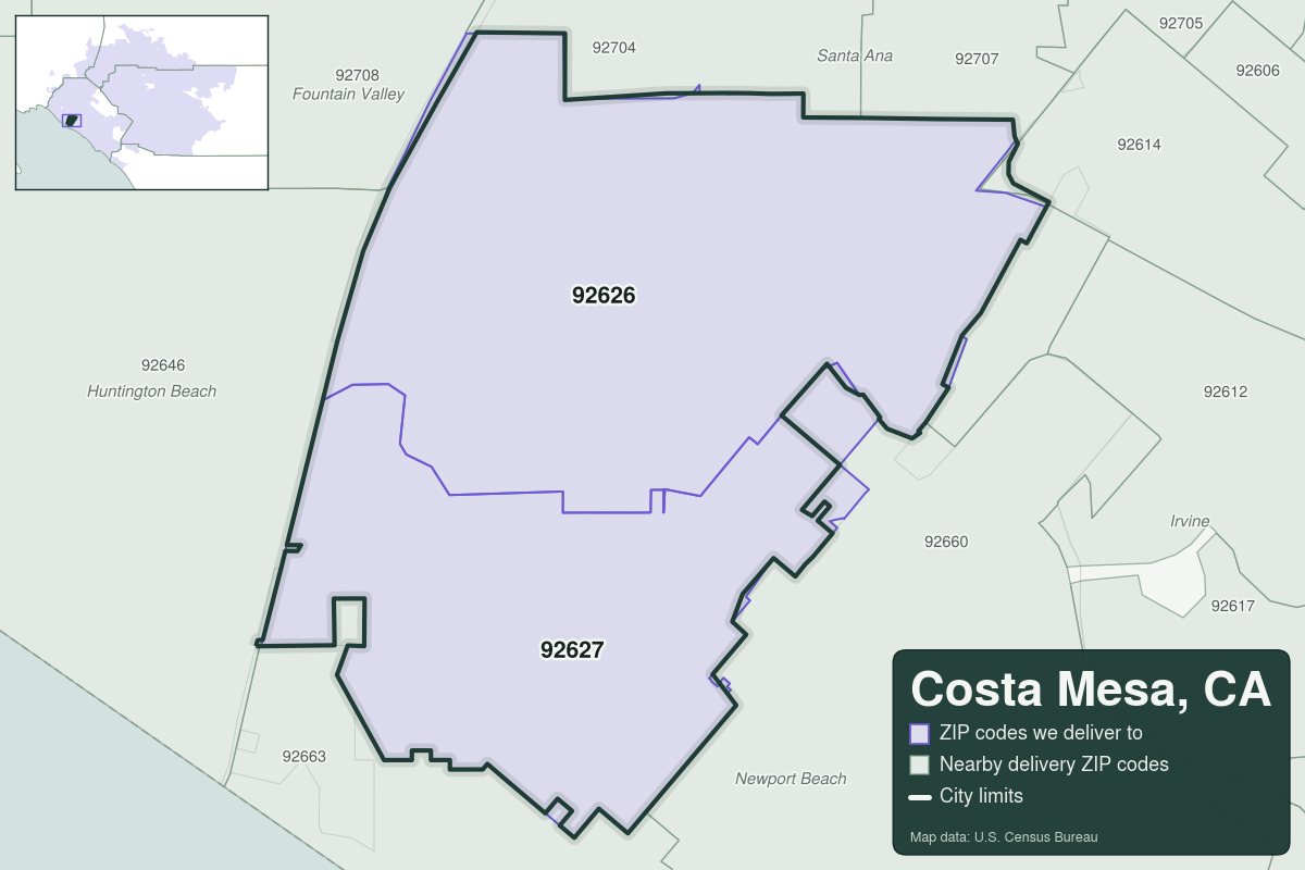 Map of Costa Mesa, CA showing the ZIP codes Weed Delivery Irvine delivers to: 92626, 92627