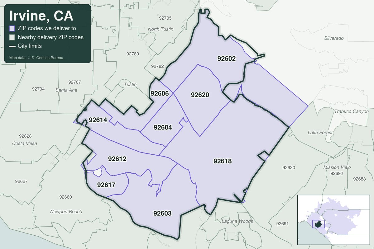 Map of Irvine, CA showing the ZIP codes Weed Delivery Irvine delivers to: 92602, 92603, 92604, 92606, 92612, 92614, 92617, 92618, 92620