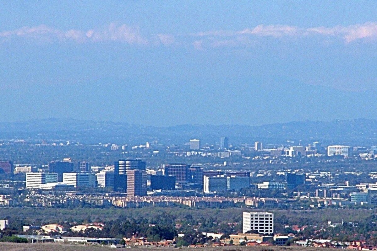 Skyline of the Irvine business district in Irvine, California, seen from a distance