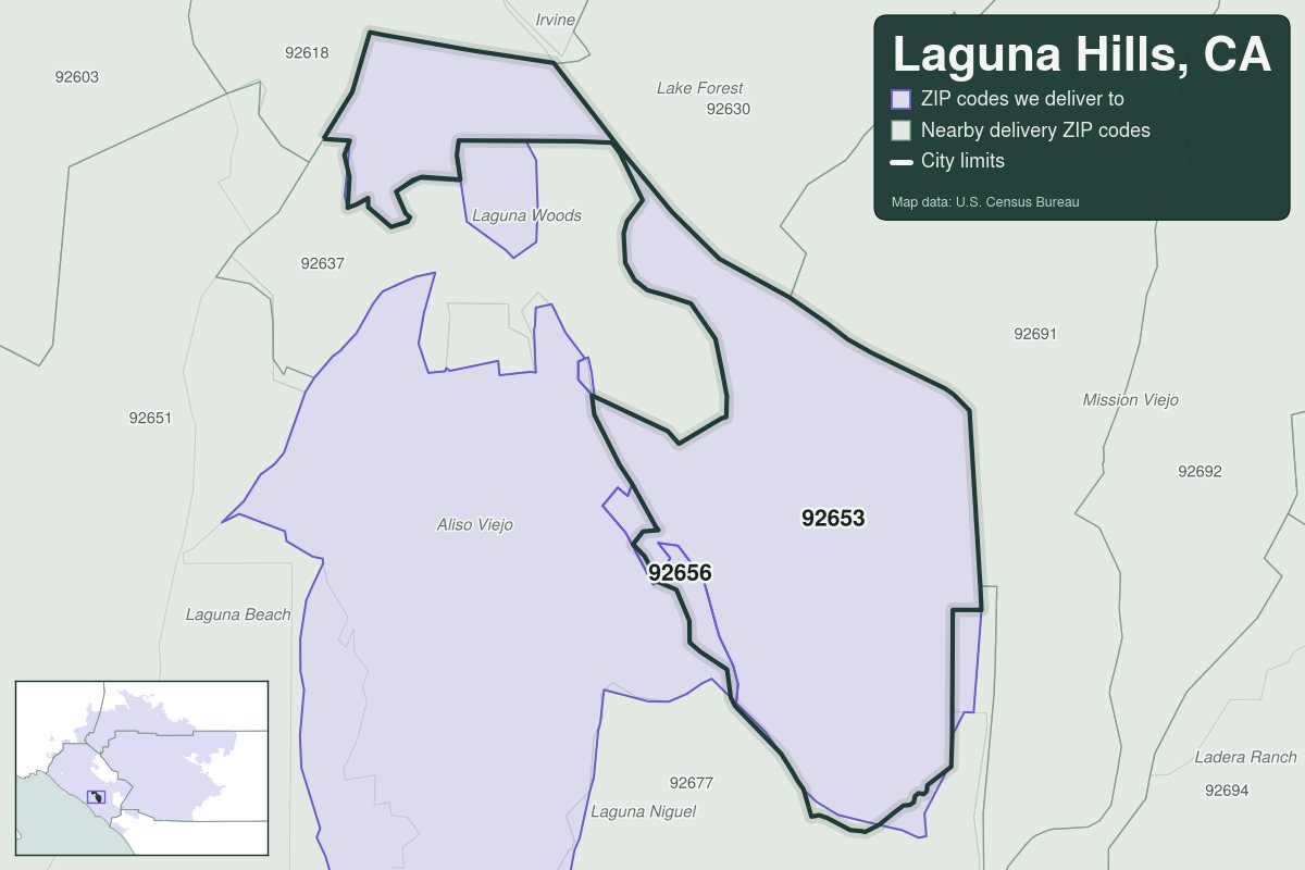 Map of Laguna Hills, CA showing the ZIP codes Weed Delivery Irvine delivers to: 92653, 92656