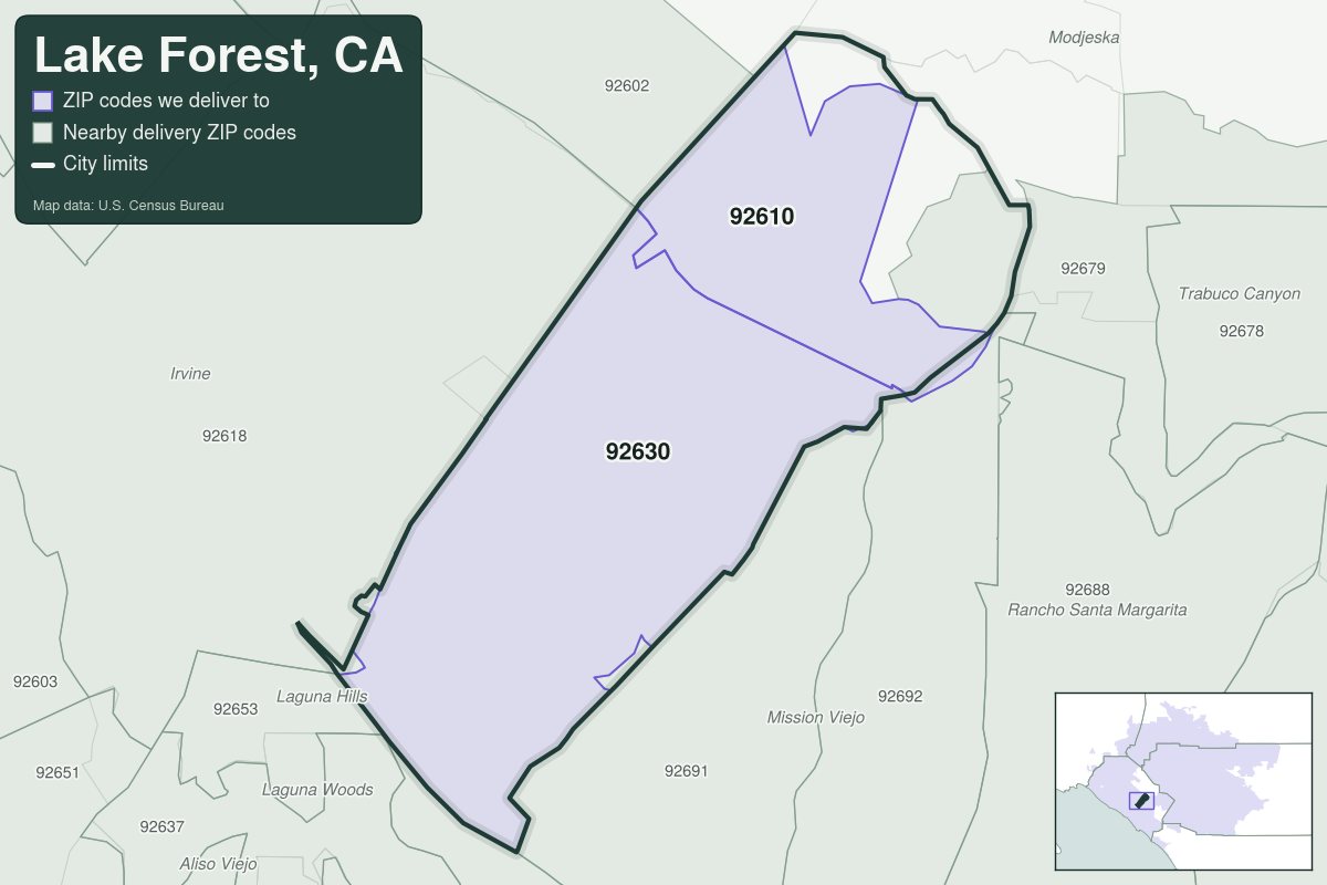 Map of Lake Forest, CA showing the ZIP codes Weed Delivery Irvine delivers to: 92610, 92630