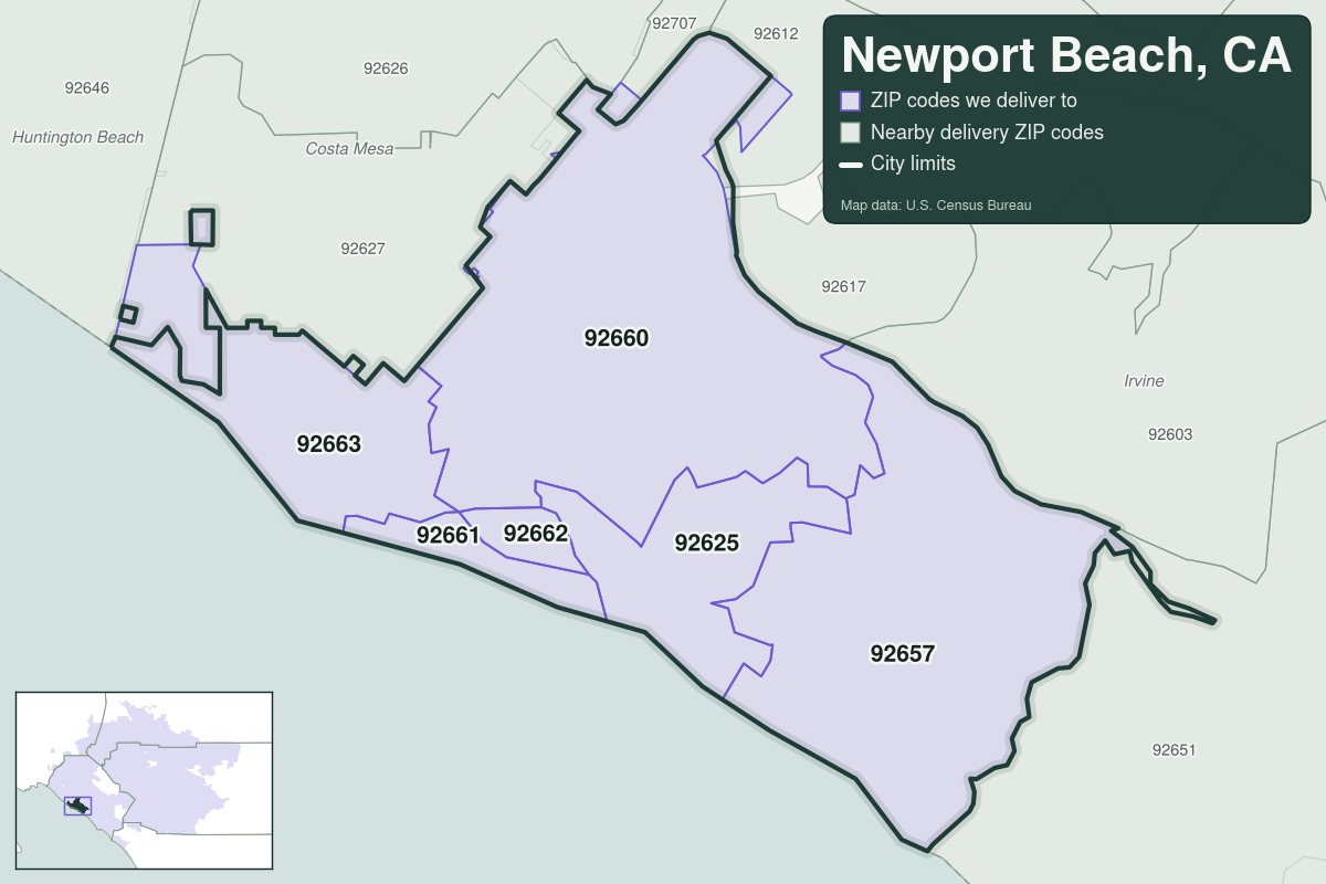 Map of Newport Beach, CA showing the ZIP codes Weed Delivery Irvine delivers to: 92625, 92657, 92660, 92661, 92662, 92663