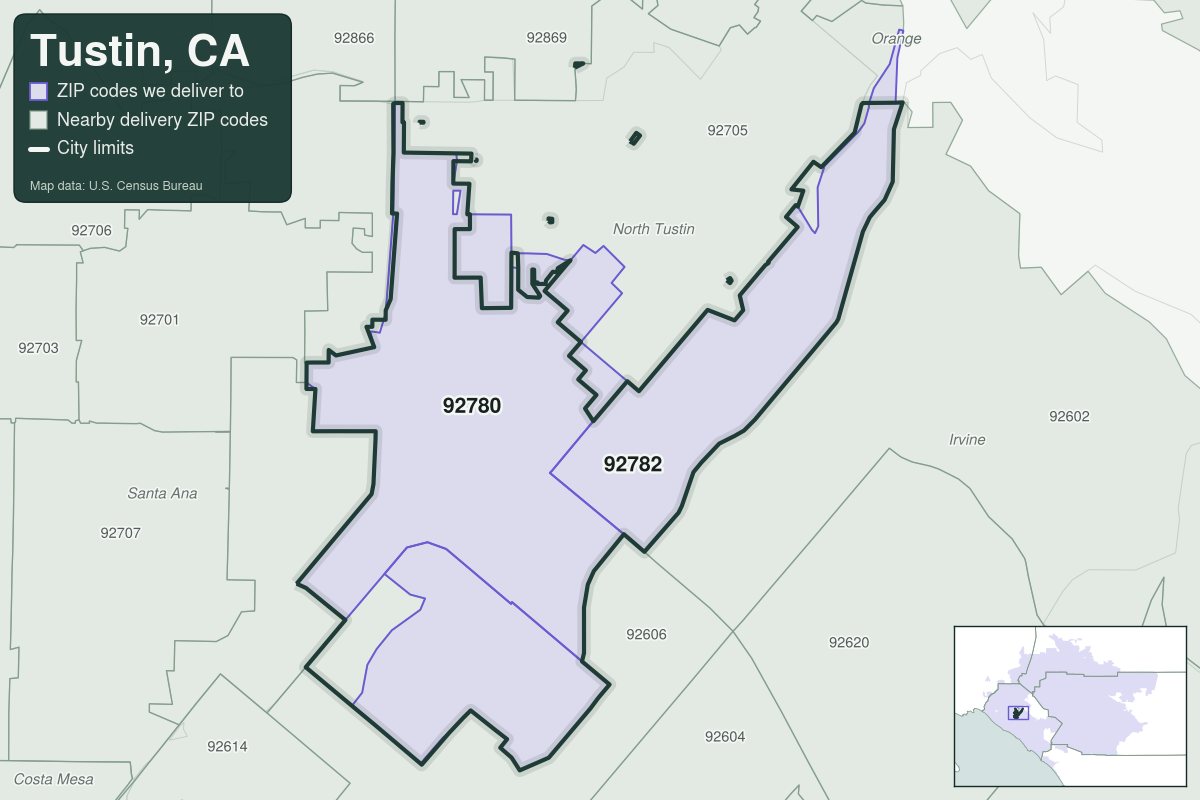 Map of Tustin, CA showing the ZIP codes Weed Delivery Irvine delivers to: 92780, 92782