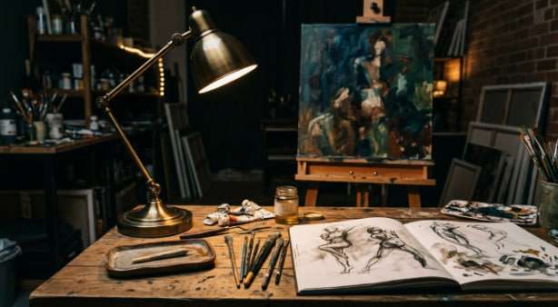 Artist's studio with painting easel and sketchbook